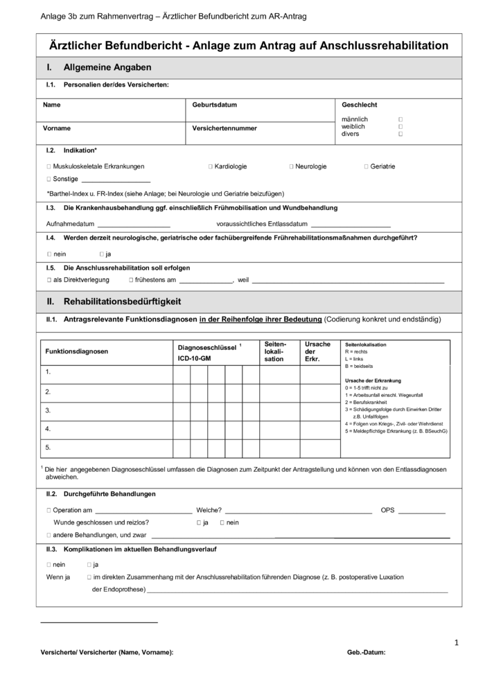 Ärztlicher Befundbericht- Anlage zum Antrag auf Anschlussrehabilitation (Seite 1/5)