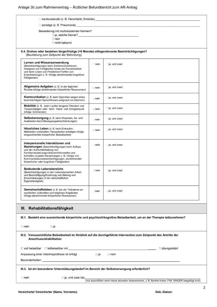 Ärztlicher Befundbericht- Anlage zum Antrag auf Anschlussrehabilitation (Seite 2/5)
