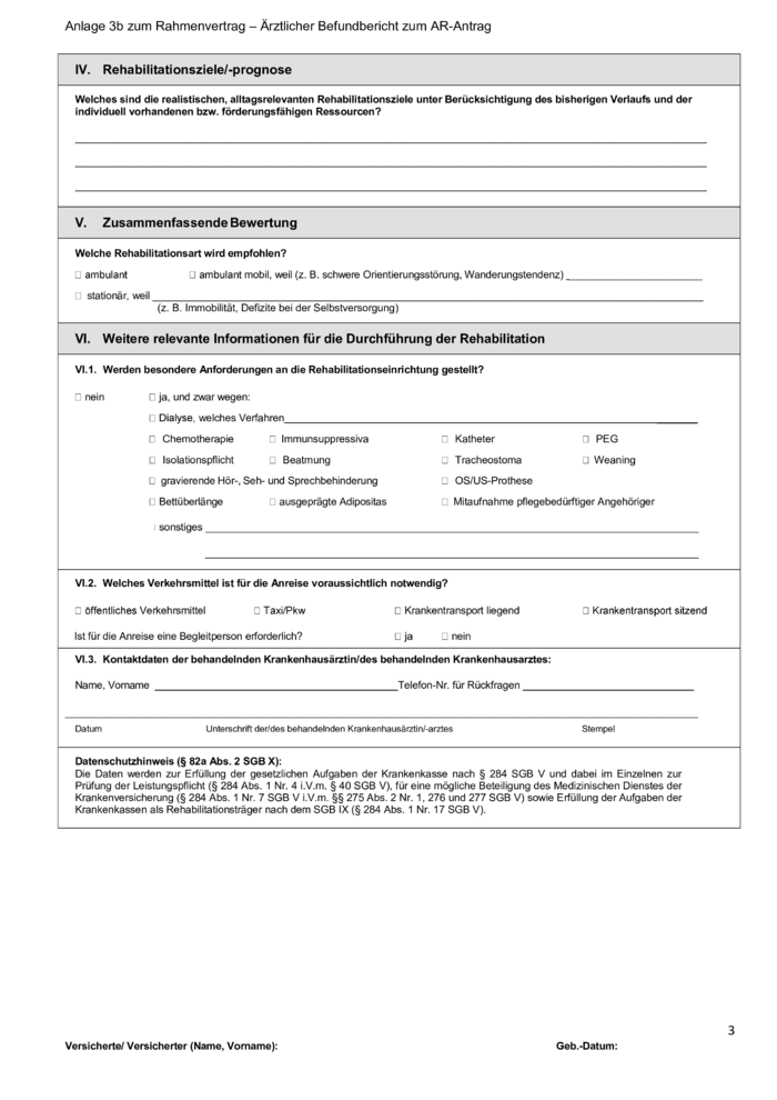 Ärztlicher Befundbericht- Anlage zum Antrag auf Anschlussrehabilitation (Seite 3/5)